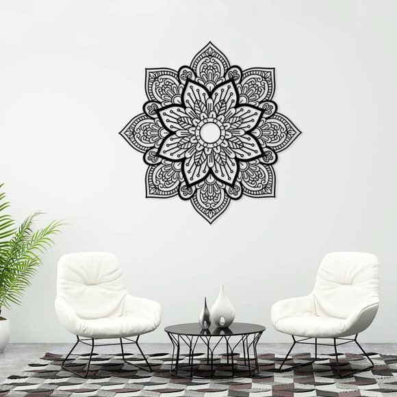 Black Large Metal Round Mandala Wall Decor, Unique Lotus Flower Wall Art For😉